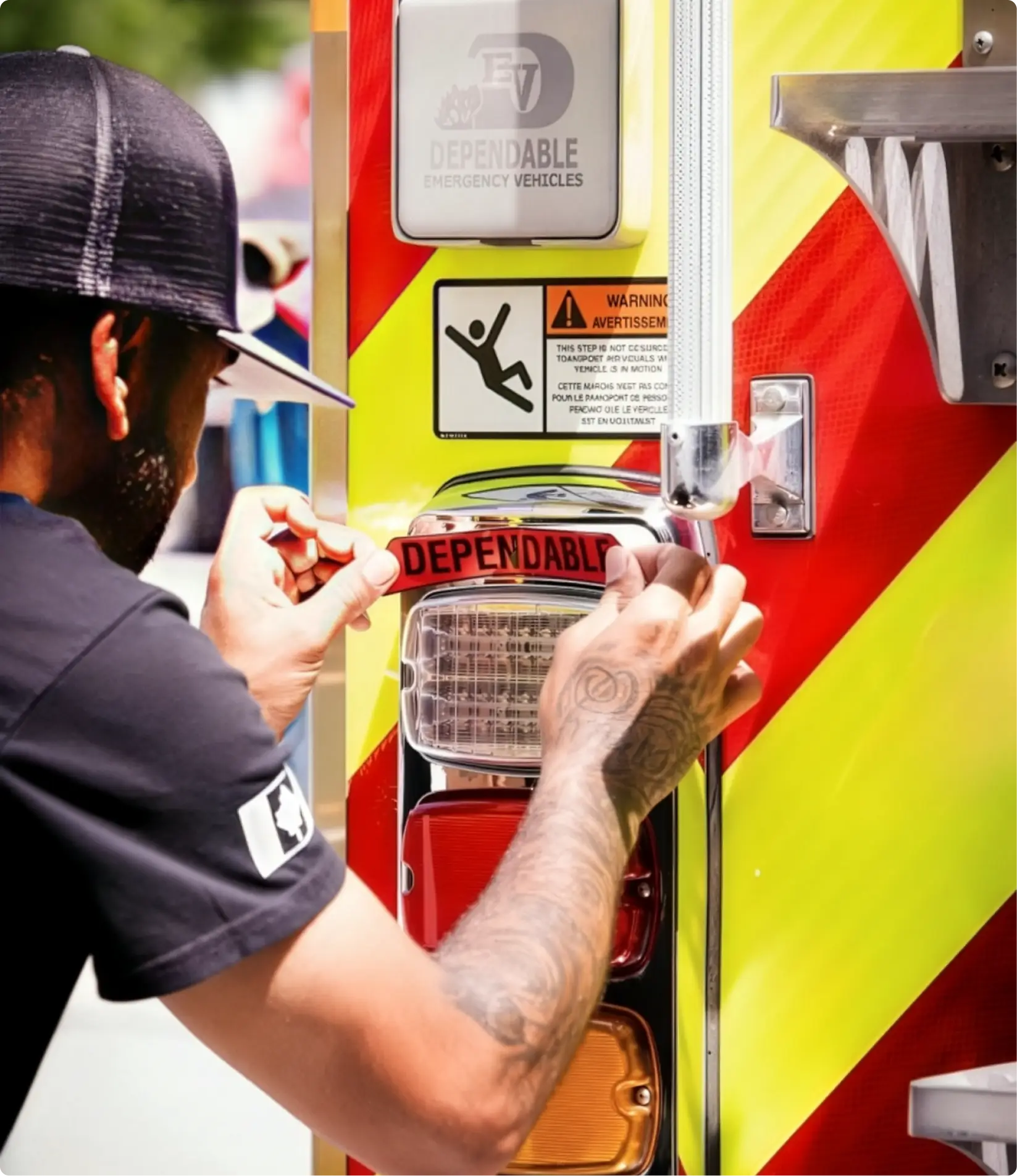 Man applying label on emergency vehicle
